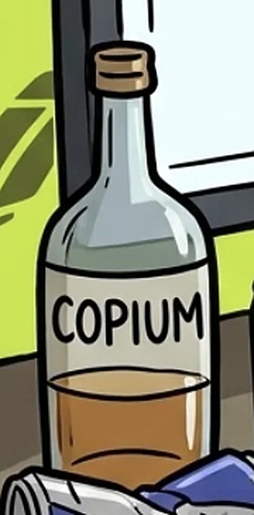 Bottle labeled Copium, half empty