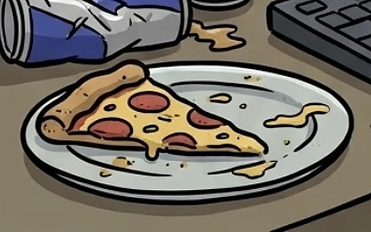 Cold pizza slice on a greasy plate